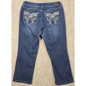 Love Indigo Denim Capris Rhinestones Angel Wings Stretch Mid Rise Women's 10